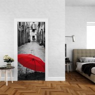 Αυτοκόλλητο πόρτας - Κόκκινη Ομπρέλα σε Δρόμο 02