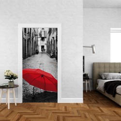 Αυτοκόλλητο πόρτας - Κόκκινη Ομπρέλα σε Δρόμο 02