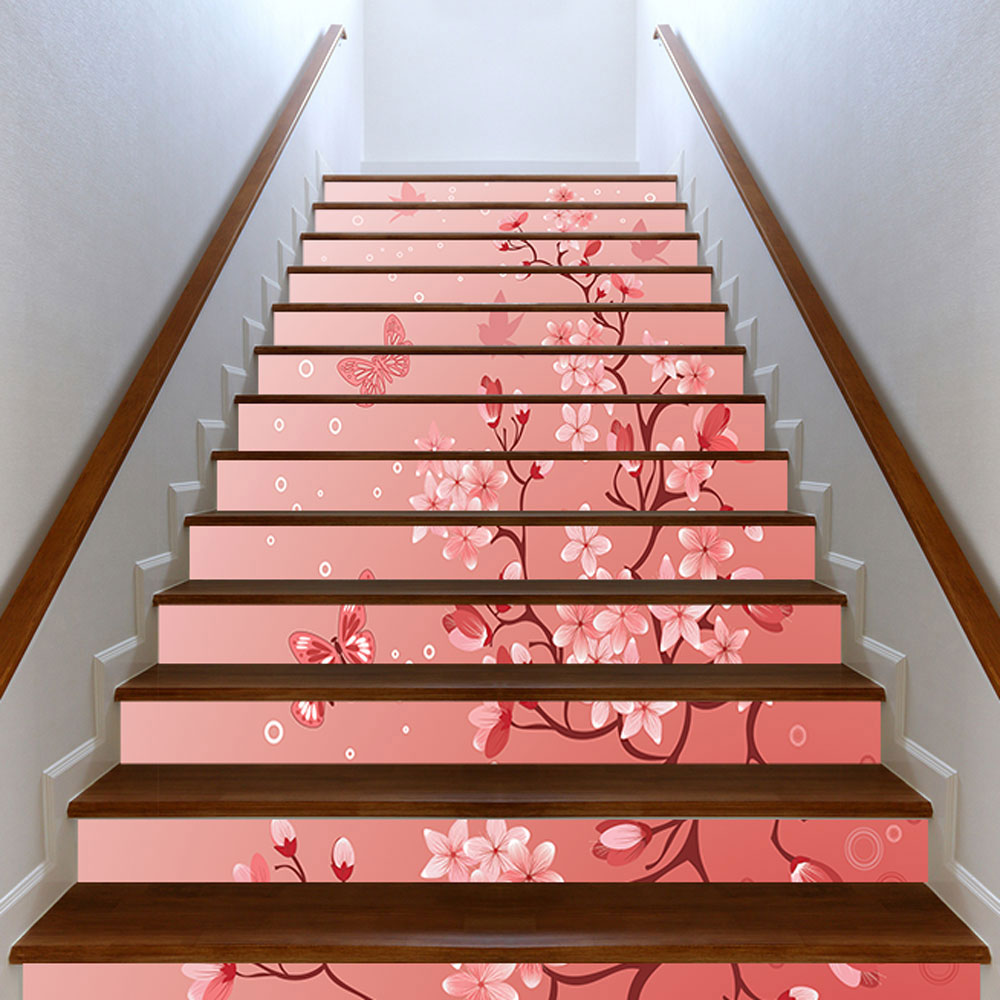 Αυτοκόλλητο σκάλας - Άνθη και Πουλιά