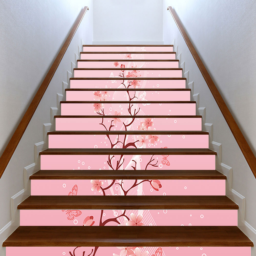 Αυτοκόλλητο σκάλας - Ροζ Άνθη